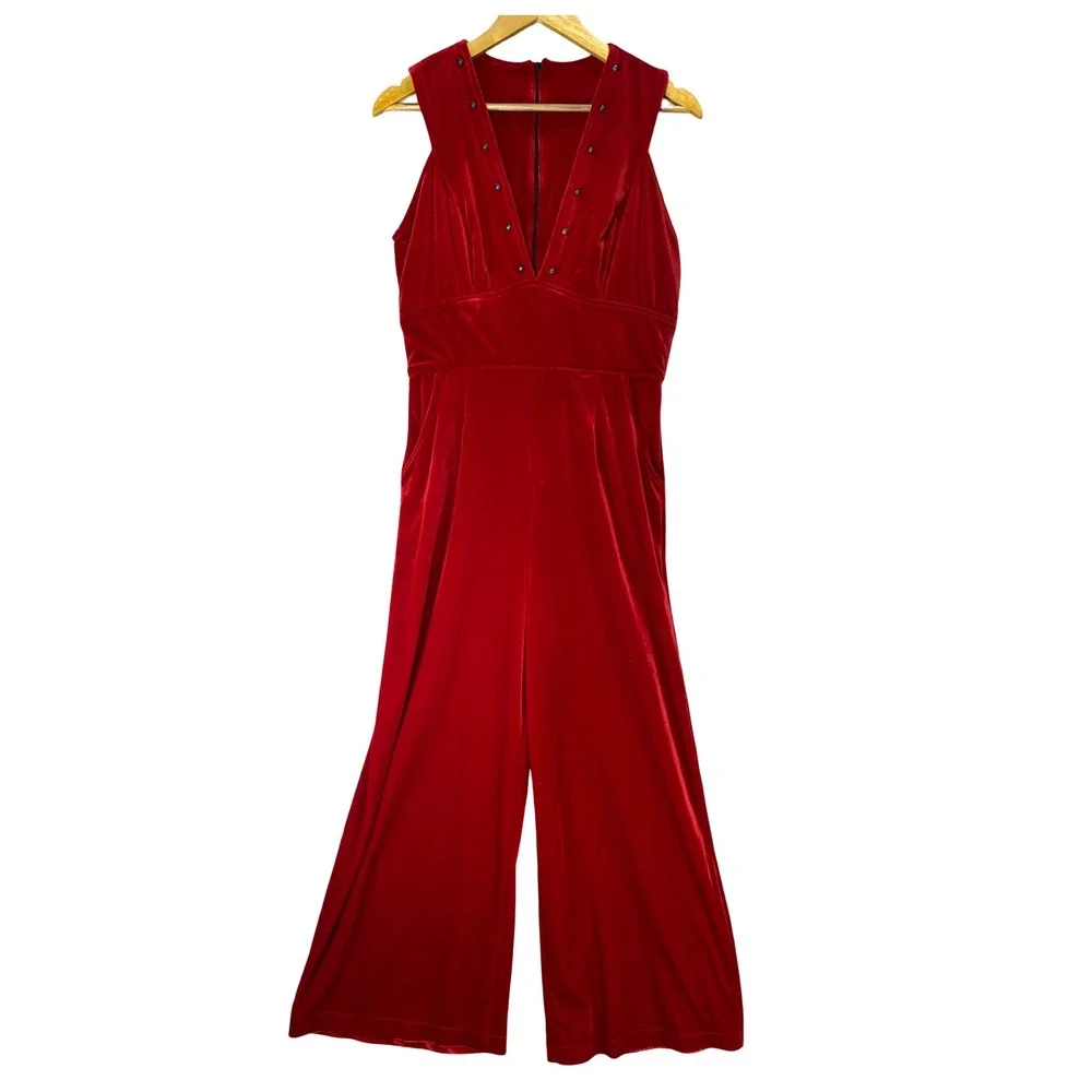 VTG Silverado Womens Red Velvet Studded V-Neck Wide Leg Jumpsuit S Western Glam